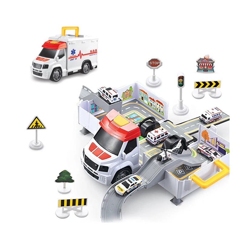 32pcs Ambulance deformed car track and parking lot garage toy set with light sound