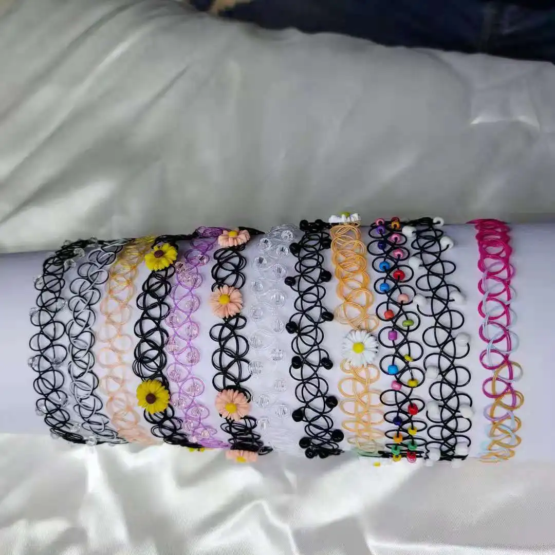 12Pcs/Set Colorful Collar Stretch Tattoo Choker Necklace Women Punk Gothic Elastic Hollow Fishline Flower Pendants Necklaces