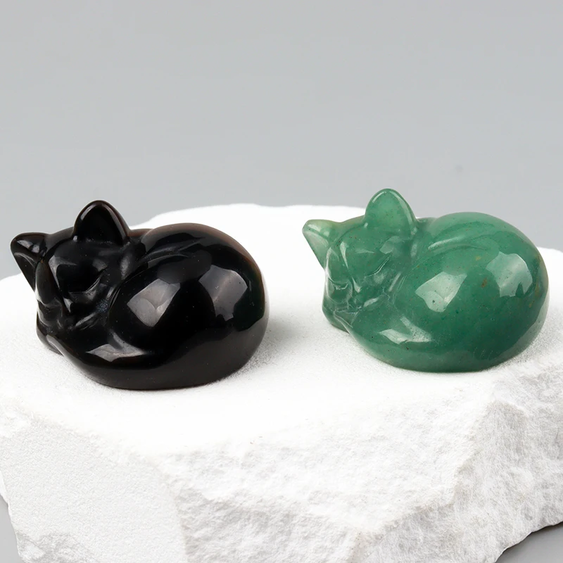 Religious Style Crystal Cat Figurine Healing Theme Home Office Decor with Polished Stone Sculpture Cute Sleeping Cat Statue
