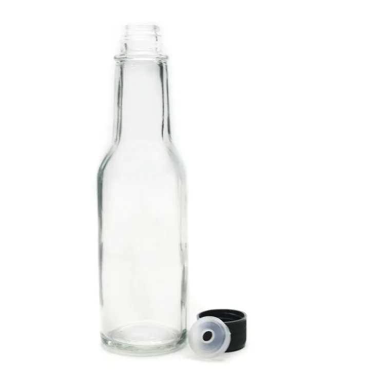 Clear Glass Hot Sauce Bottle with Black Cap and Shrink Band and Orifice Reducer