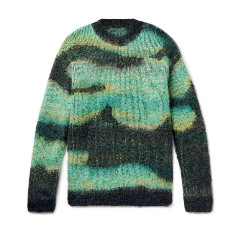 custom crew neck  stripe mohair knit sweater men pullover fuzzy mohair blend sweater