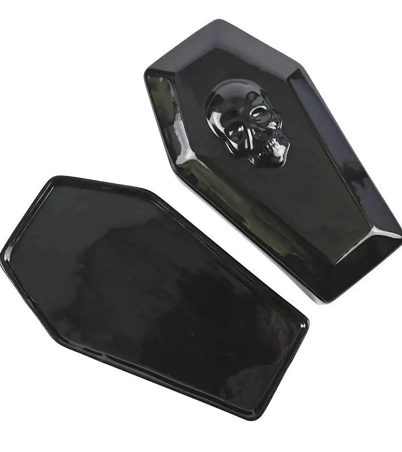 Bright black Gothic skull coffin ceramic butter dish