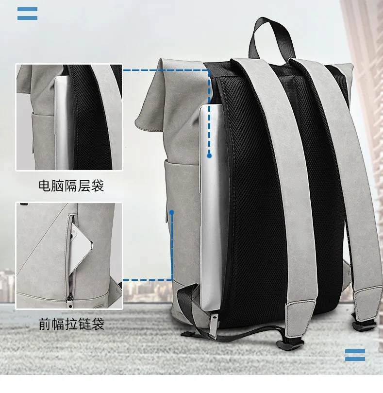 High Quality In Stock Custom Waterproof PU Leather Roll Top Backpack Business Travel Computer Backpack For Men