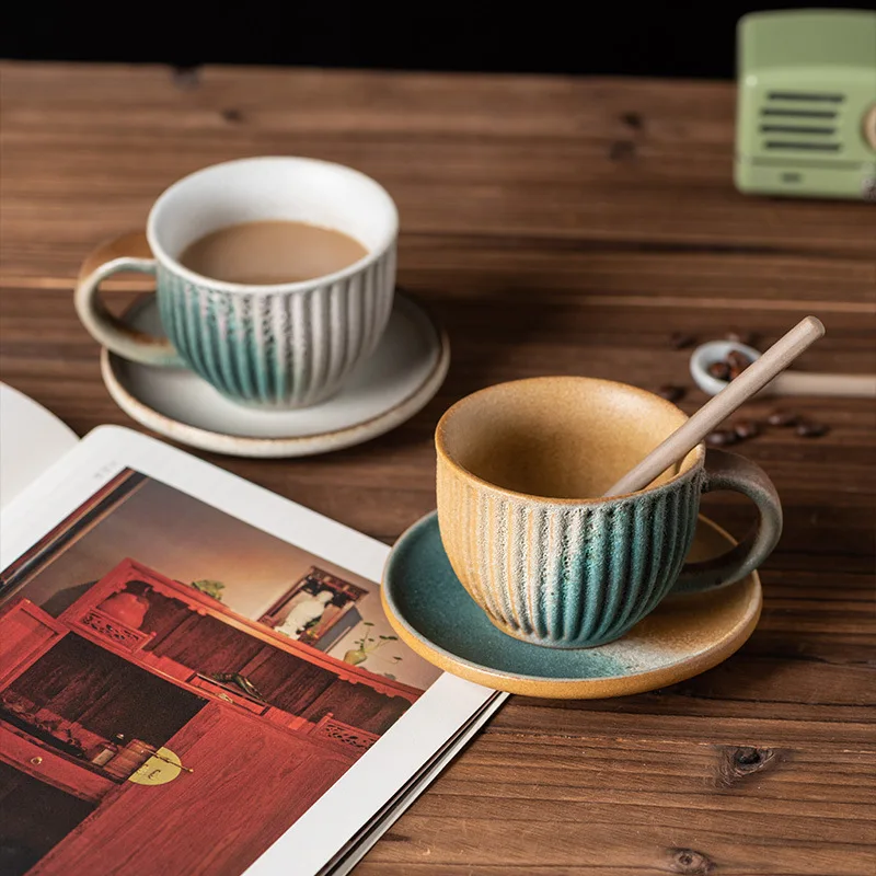 Japanese Retro Handmade Espresso Cup And Saucer Ceramic Set 220ml Striped Coffee Cup With Spoon And Saucer Set