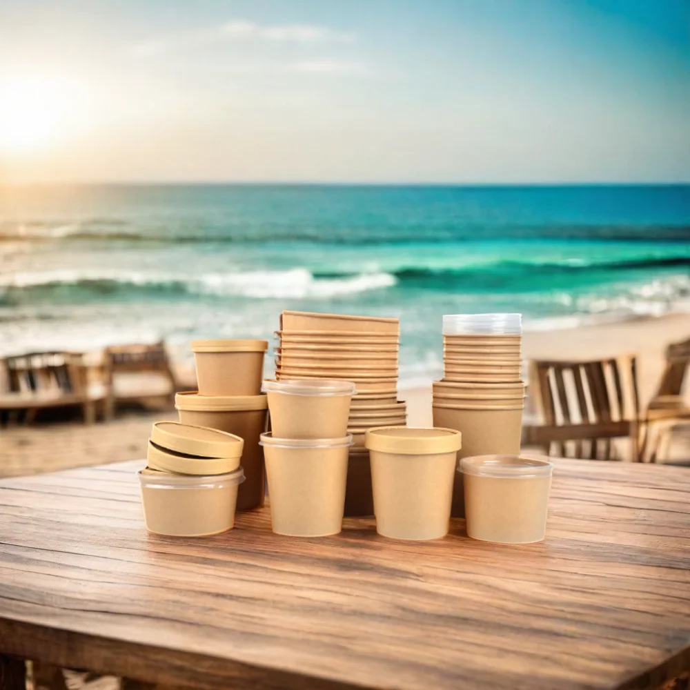 SenAng05 Food Grade Disposable Kraft Paper 12oz Porridge Bucket Portable Microwavable Paper Soup Cup With Lids