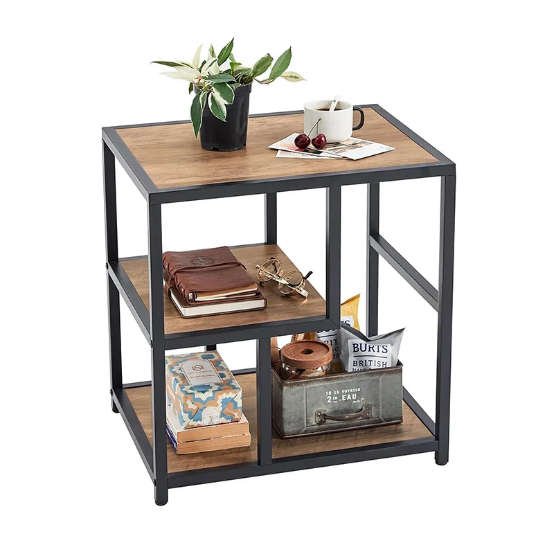Easy Assembly Industrial 2-Tier metal frame wooden Nightstand side table with shelf