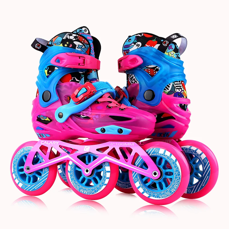 High quality  3*100mm PU rubber wheels  CNC6063 chassis  blue pink children adults  roller slalom inline skates