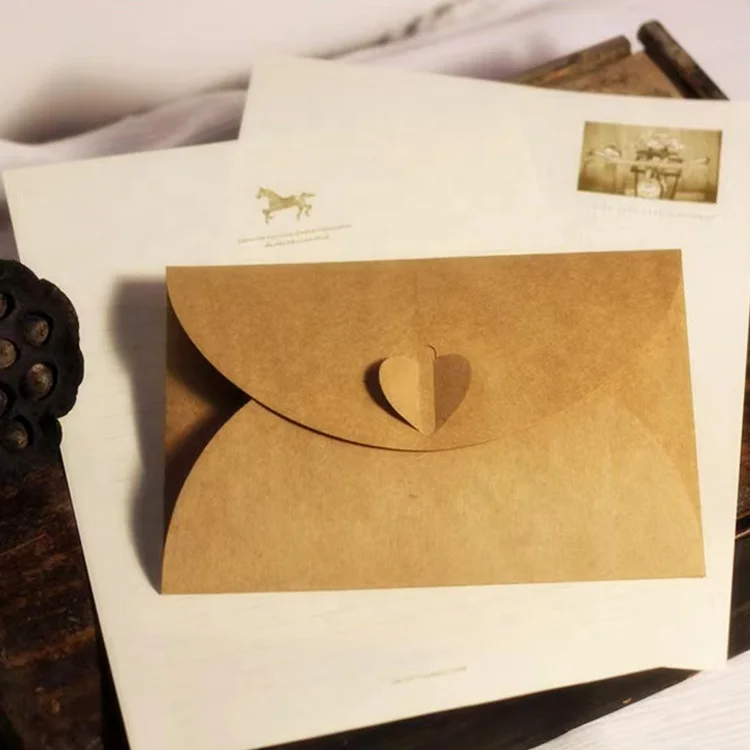 New love button brown kraft paper business invitation greeting cards packaging folding envelopes