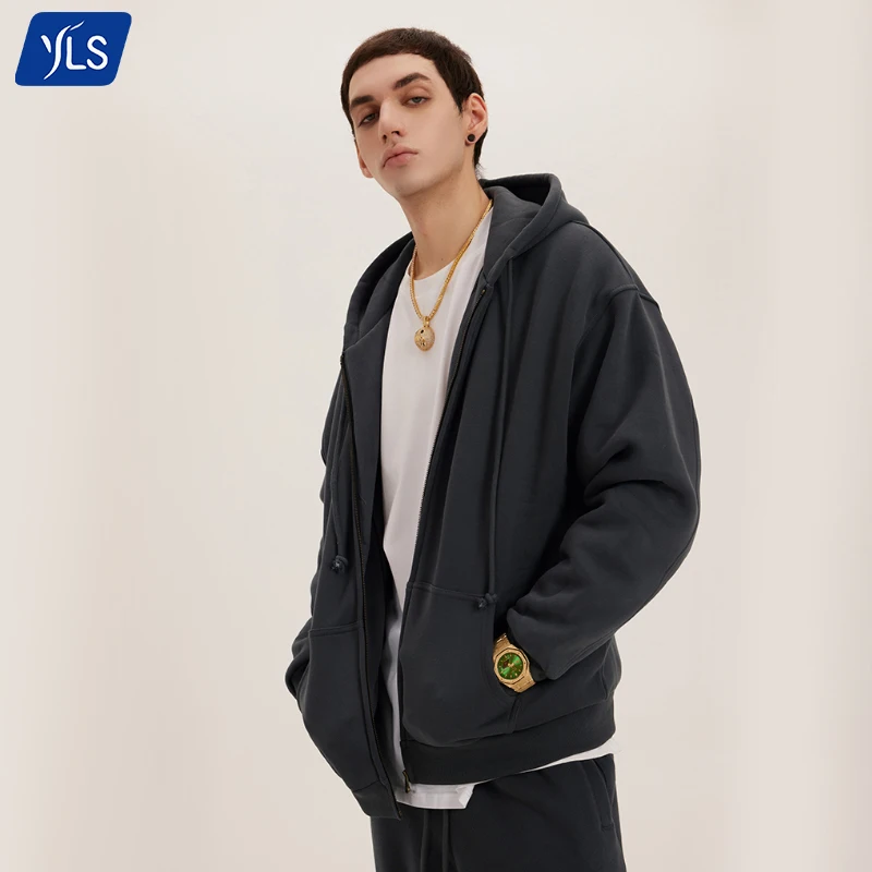 YLS Hot Sale Street Wear High Quality Full Zip Up Hoodie Men Custom Logo Heavyweight Oversized Cotton Polyester Blank Hoodies
