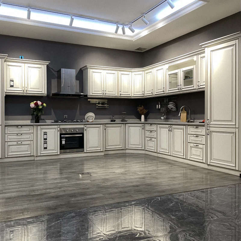 George Classical white panel standard high kitchen cabinet with decorative lines