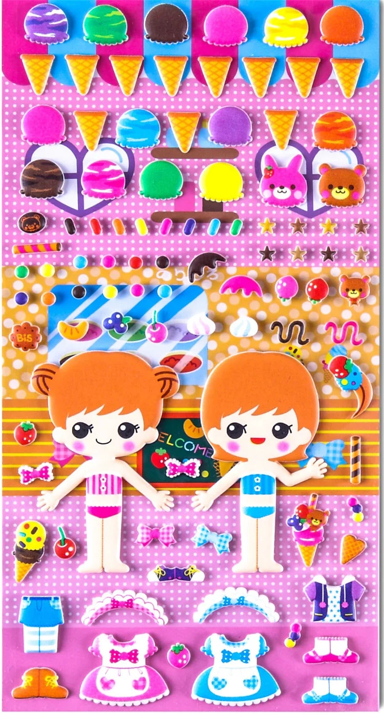 Wholesale Custom Cute Kids Cartoon Characters Dress Up Self Adhesive 3D Girl Puffy Stickers