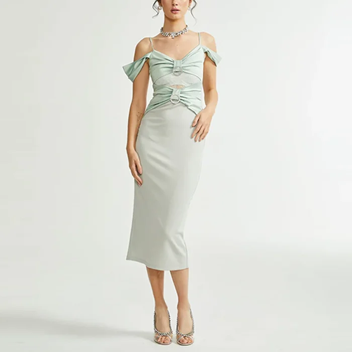 New Arrivals High Quality Fashion Female Elegant Evening Dresses Spaghetti Strap Hollow Out Sequin Circle Satin Party Dresses