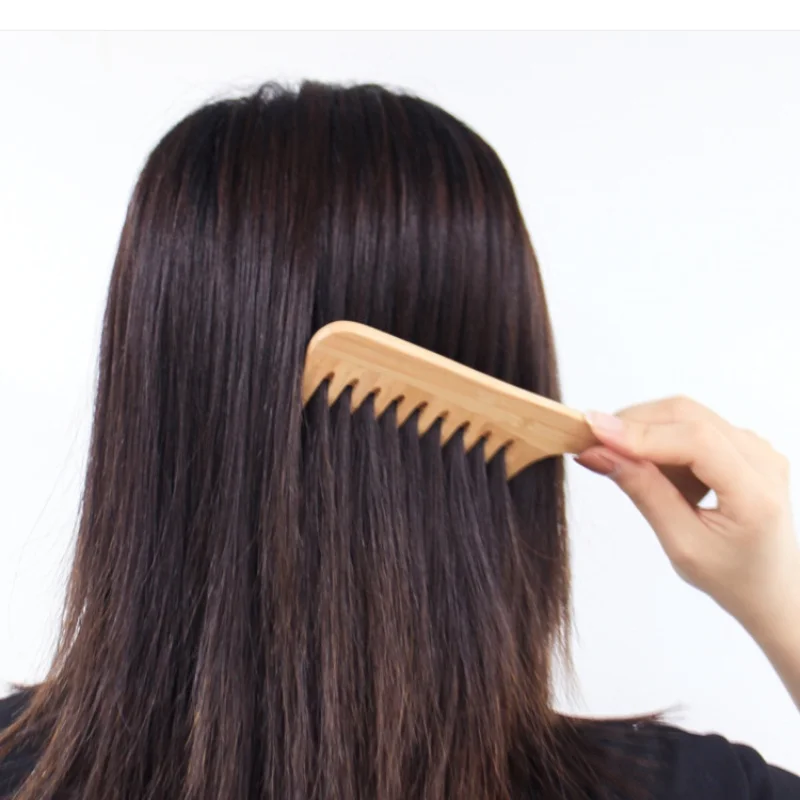 Laser logo bamboo wide tooth comb Handmade Natural color Hair Comb for Women