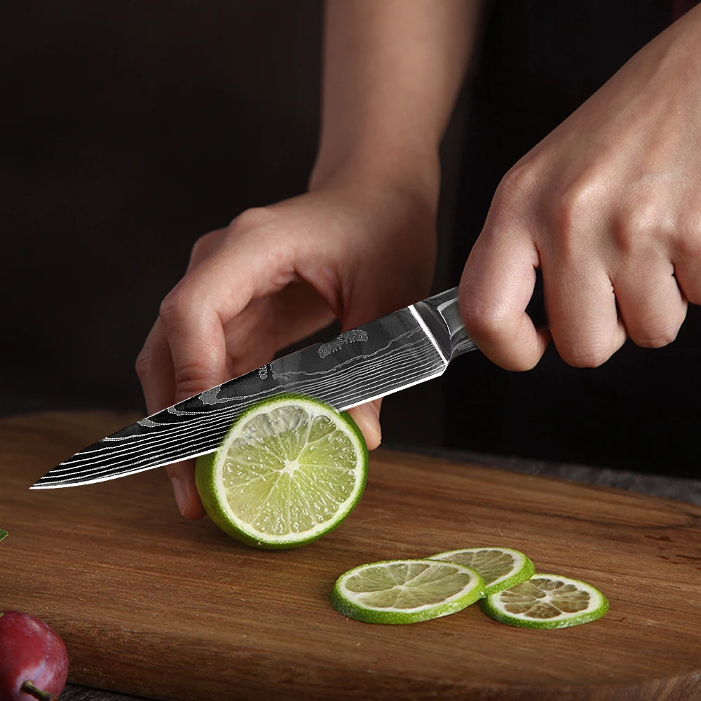 Stainless Steel Kitchen Knives Set Laser Damascus Veins Pakka Wood Handle Paring Santoku Nakiri Slicing Bread Chef Knife Set