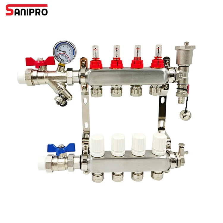 SANIPRO 4 Branch Mixing Valves Water Separator Distributor 304 Stainless Steel Under Floor Heating Manifold with Flow Meter