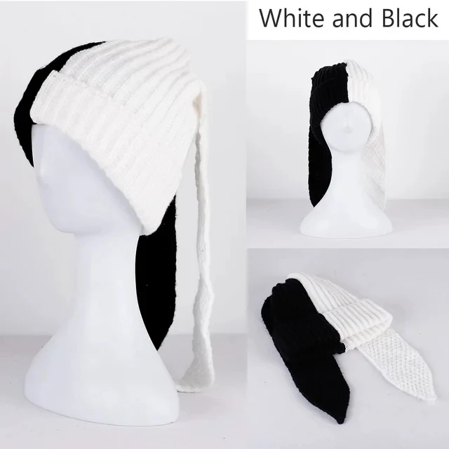 New niche personality autumn and winter warm and fashionable windproof and cold-proof color-blocked long bunny ears knitted hat