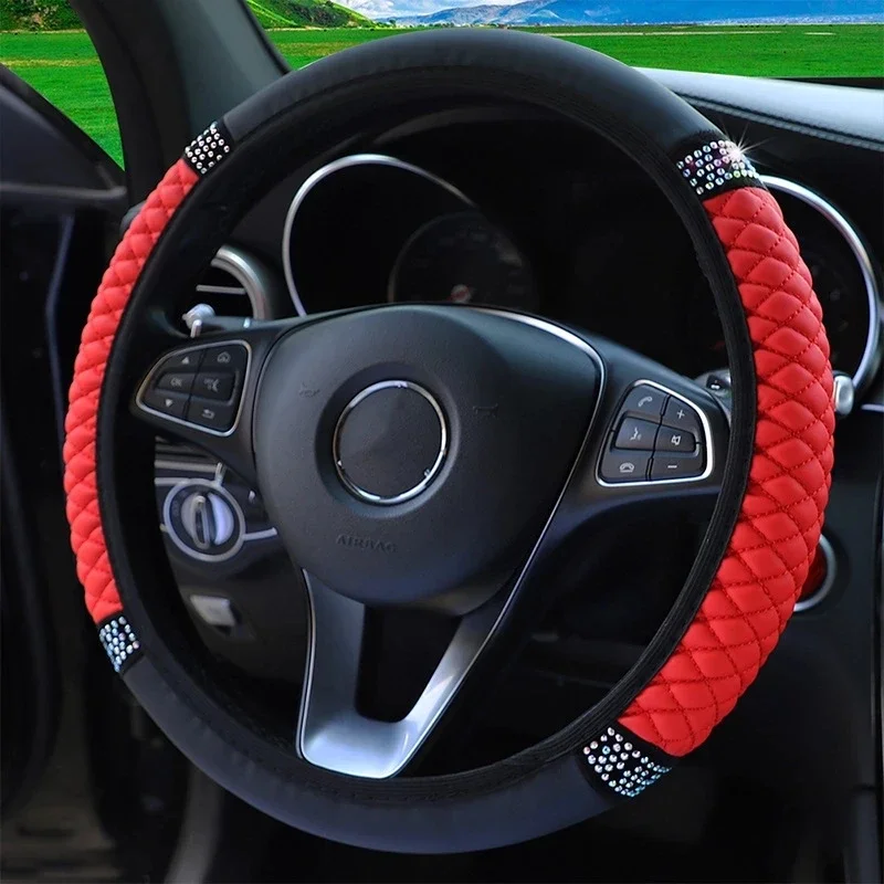 Universal Car Steering Wheel Cover 37-38cm Leather Embroidered Color Diamond-Studded Elastic Four Seasons