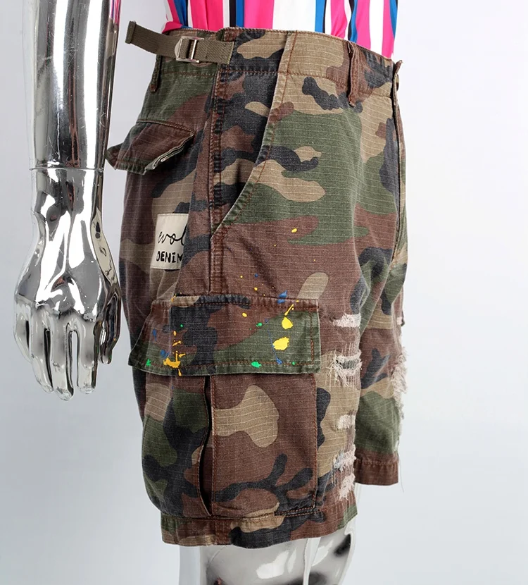 EDGE DENIM Custom High Quality Heavy Weight Paint Splatters Cargo Camouflage Camo Jeans Shorts Pants Men