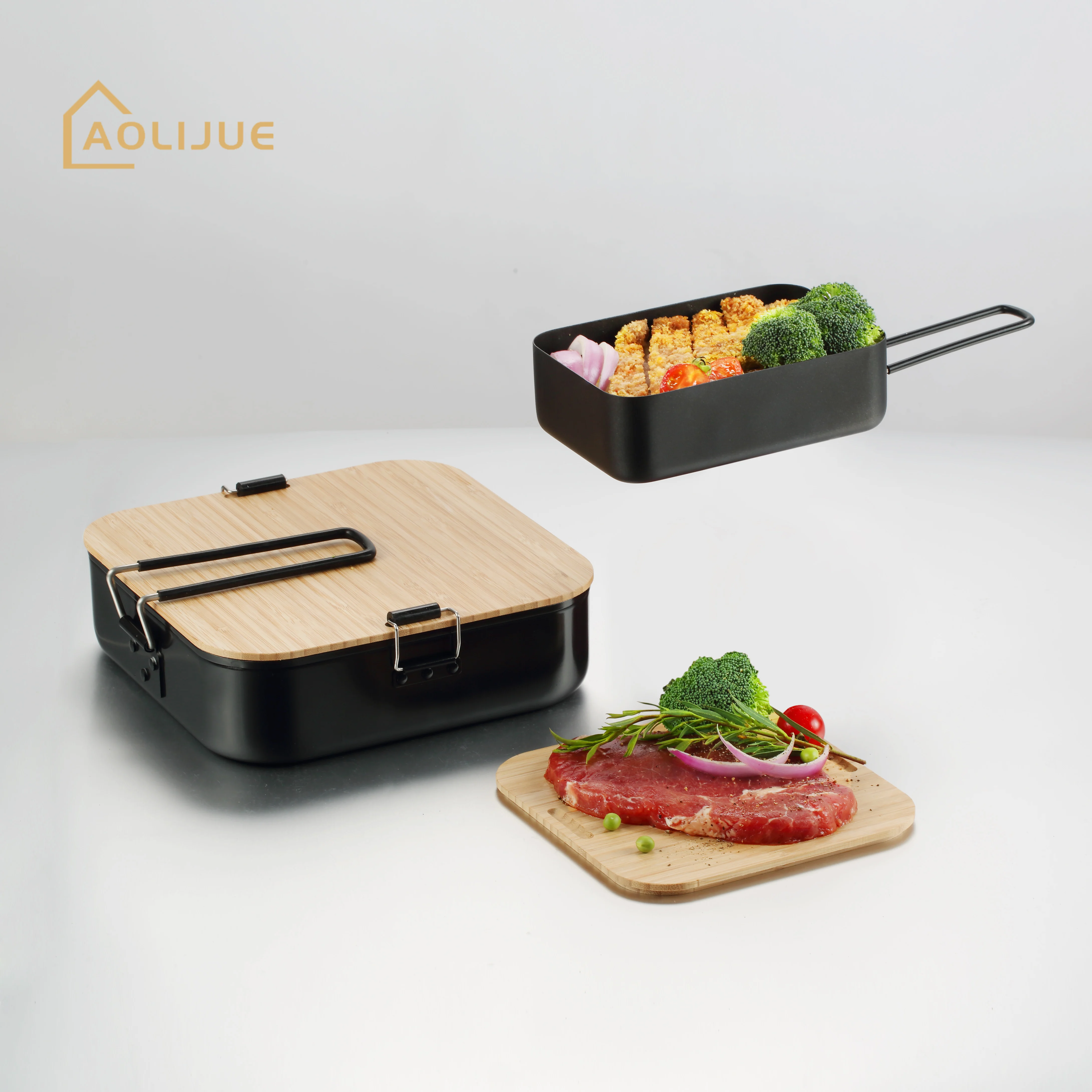 Outdoor camping picnic with handle bamboo lid aluminum lunch box non-stick coating multi-purpose portable lunch box