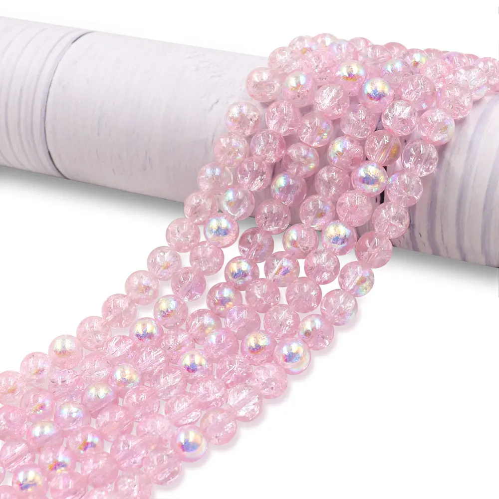 stock for sale 8mm full hole round blue and pink glass beads crackle AB beads for bracelets and necklaces