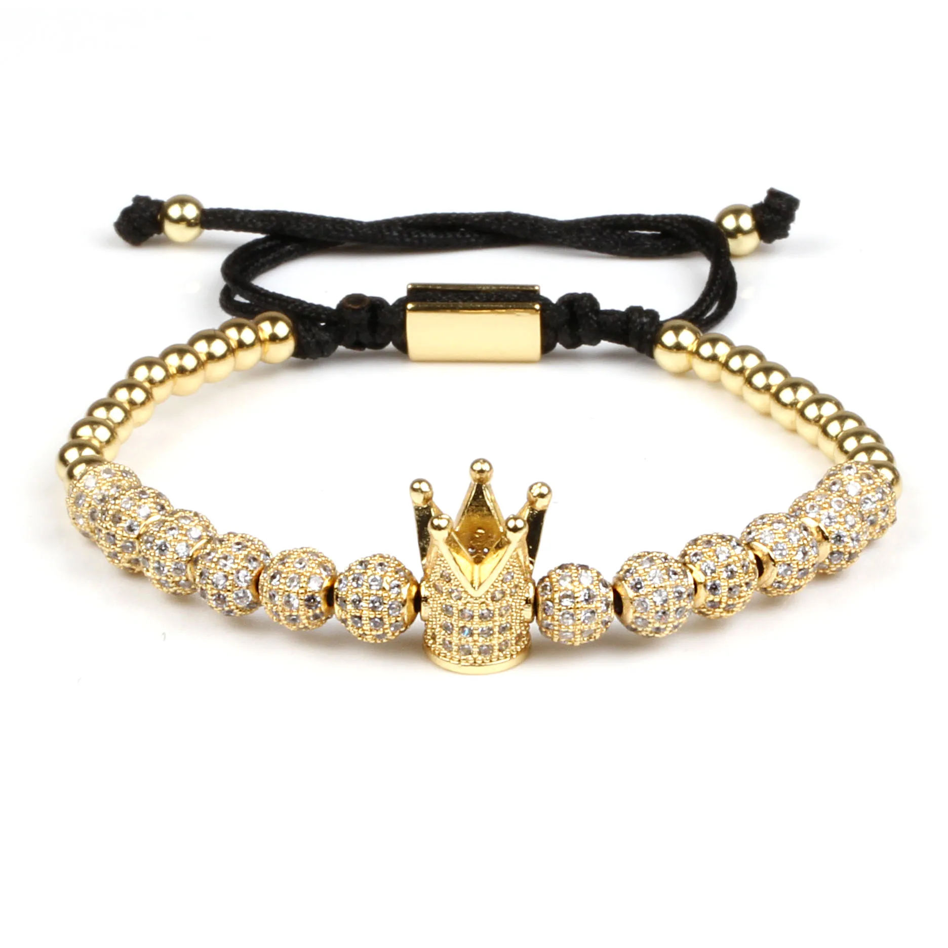 New Luxury Custom Jewelry Crown CZ Balls Zircon Spacer Bead Bracelet Charm Braided Macrame Adjustable Men Bracelet