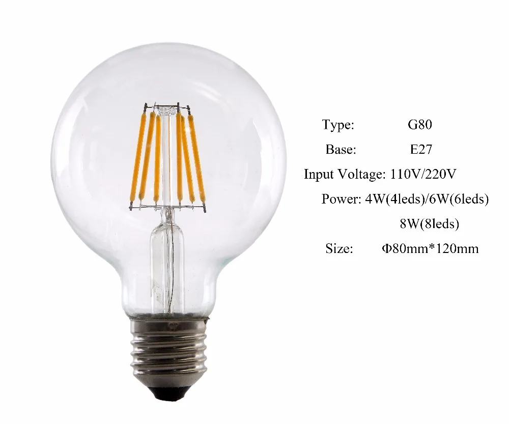 Wholesale Factory OEM G80 110V 230V DIM E26 E27 4W 6W clear glass edison LED bulb for sitting room lighting