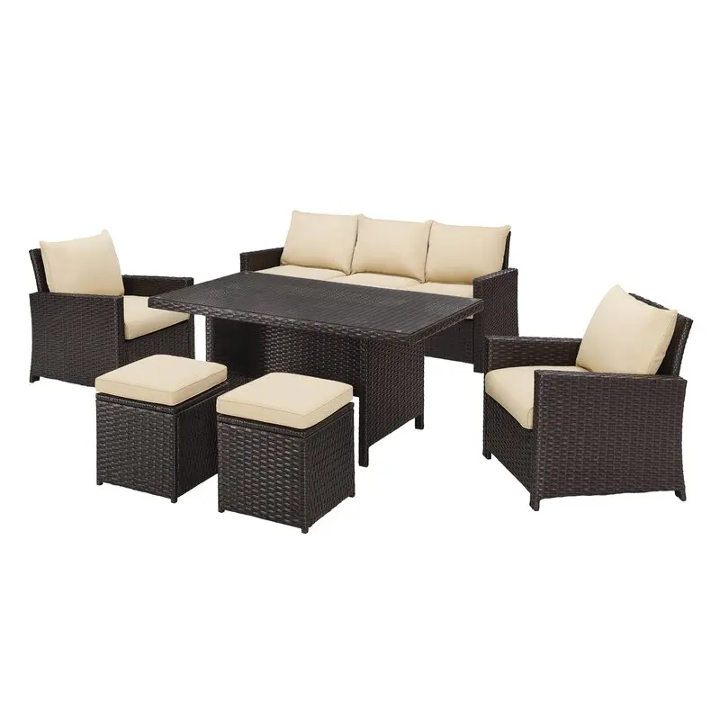 patio 6 piece low dinning set, wicker rattan outdoor garden furniture sofa chair set with cushions