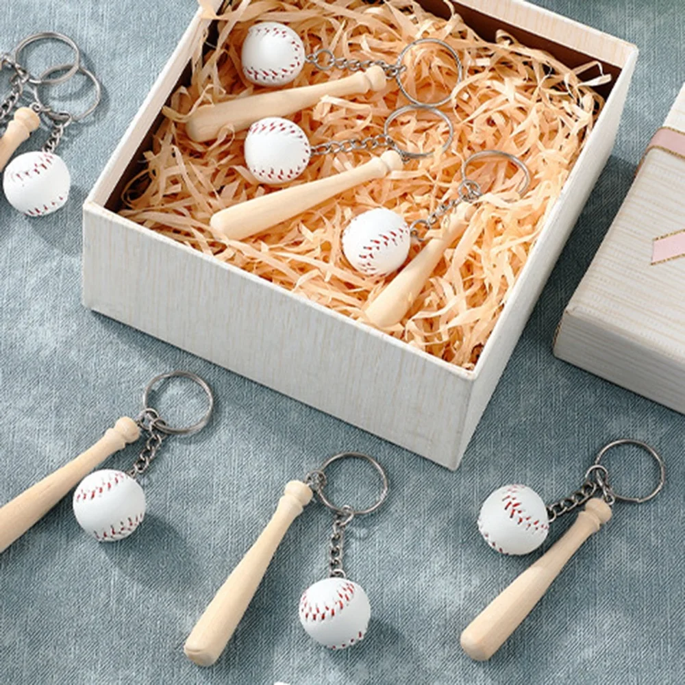 Leather Baseball Keychain with Wooden Bat Mini Baseball Keyring Sports Keychain for Team Baseball Bat