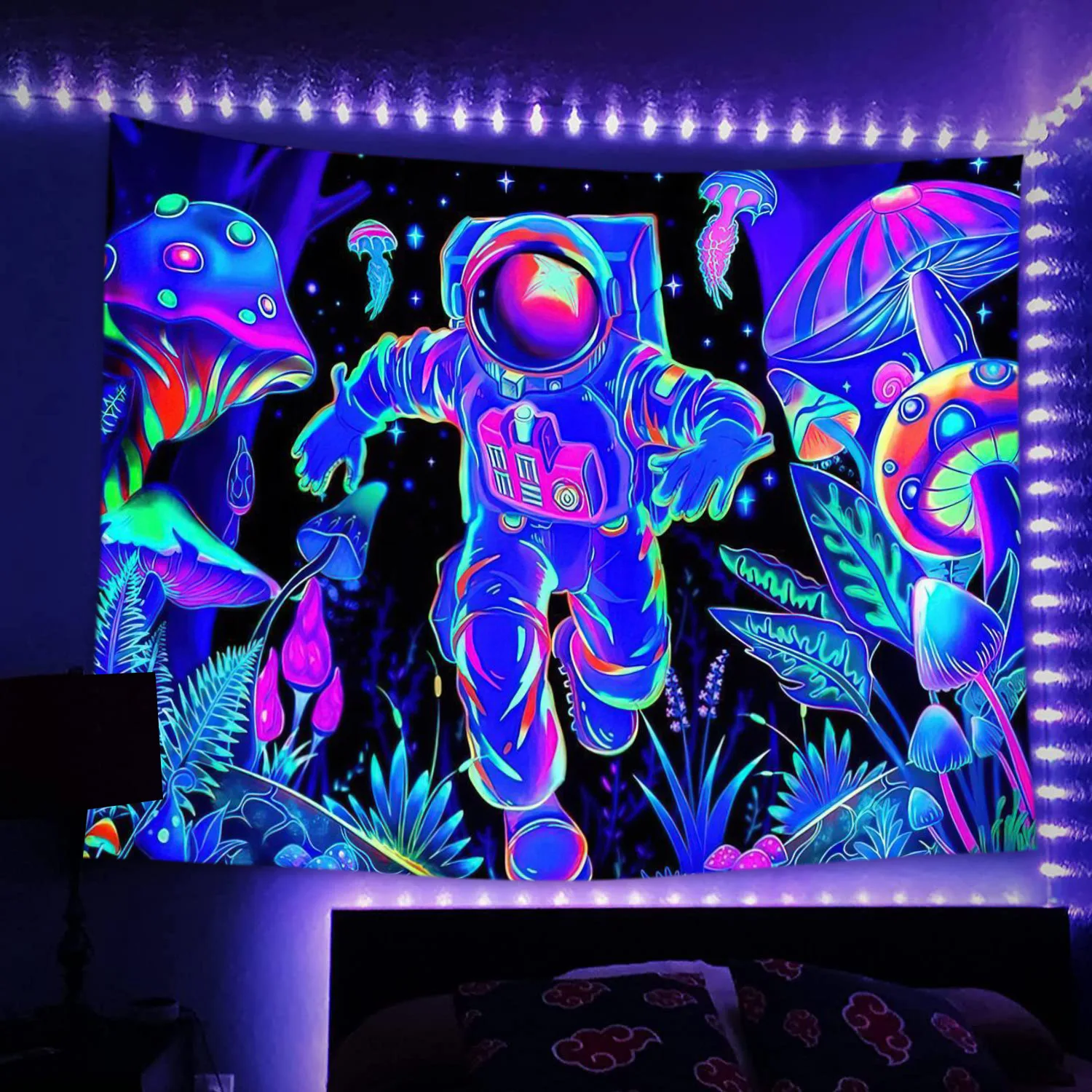 Wall Skull Tapestry Decor UV Reactive Black Light Colorful Mushroom Night Glowing Tapestries for Bedroom