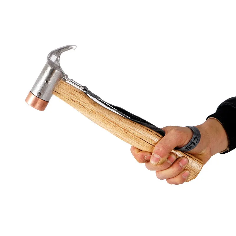 Mydays Outdoor Hot Sale Camp Hammer with Brass Head Wooden Handle Steel Pick End And Woven Strap