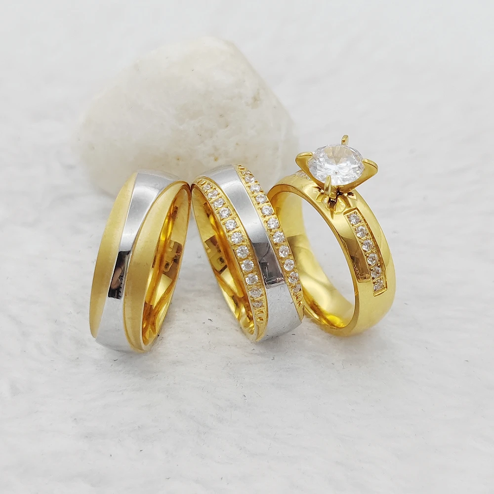 Golden Stainless Steel Waterproof Jewelry 3pcs Bridal Set Wedding Engagement Rings Couples Titanium Ring For Men and Women