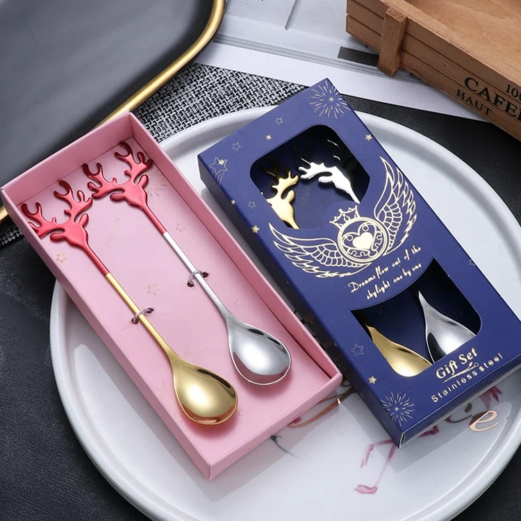 stainless steel 304 exquisite Christmas Elk 2 piece set gift box gold creative styling metal dessert spoons coffee tea spoon set