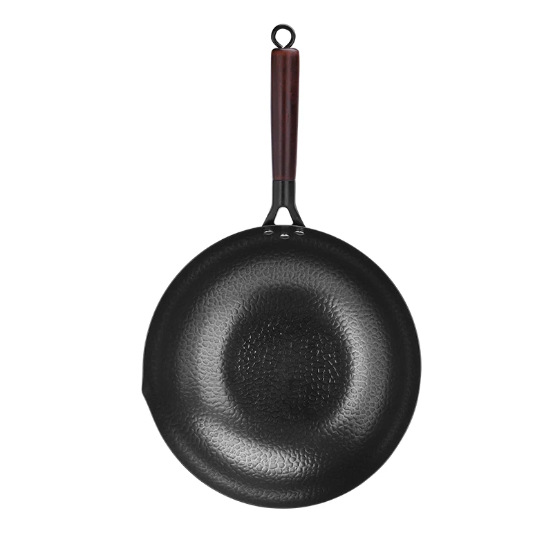 Non-Coating Chinese Wok With Wooden Lid Handmade Iron Wok Non-Stick Carbon Steel Wok Pan