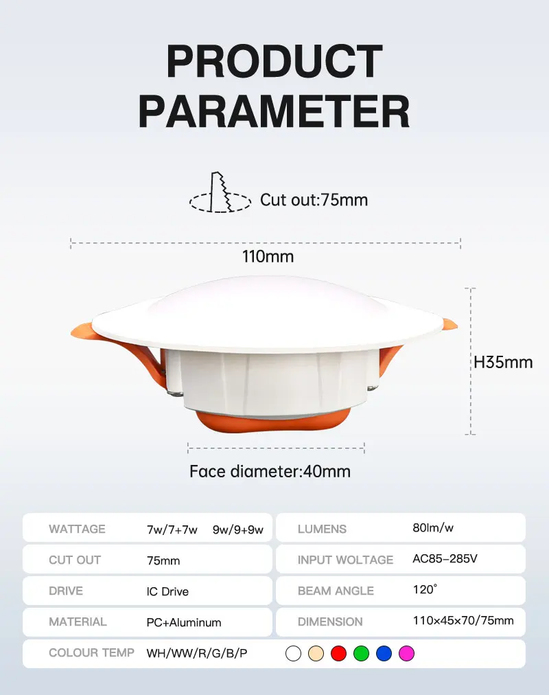 High brightness CCT 3000K 4000K 6000K downlight lamp commercial downlight 7W 9W recessed led downlight fixture for project