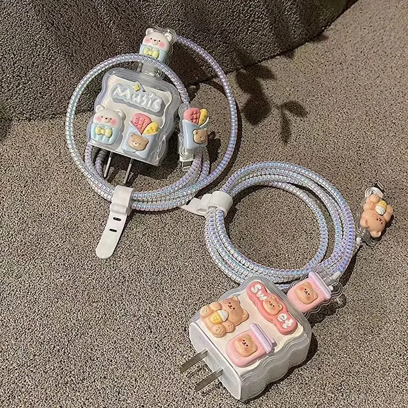 Korea Cute Bear Bread Transparent Charger Cover For IPhone 11 12 13 14 15 18W-20W Charge Protection Cover Soft Charger Sleeve