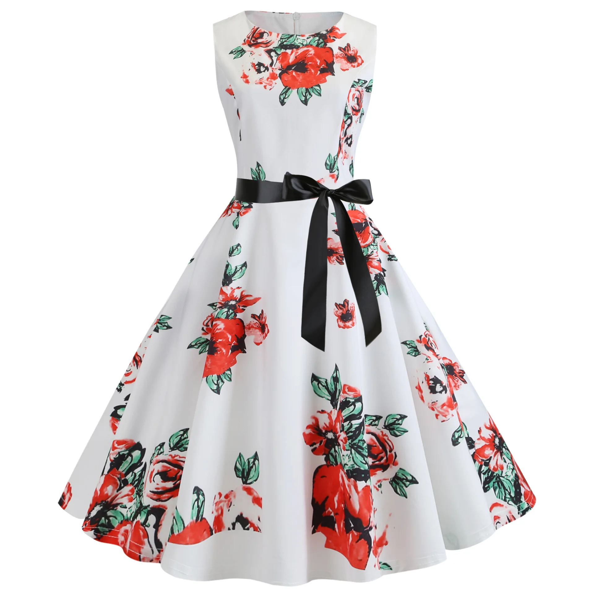 Free bow belt burst Hot Selling Blast Women Vintage Hepburn Wind Sleeveless Waistprint maxi casual women Dresses