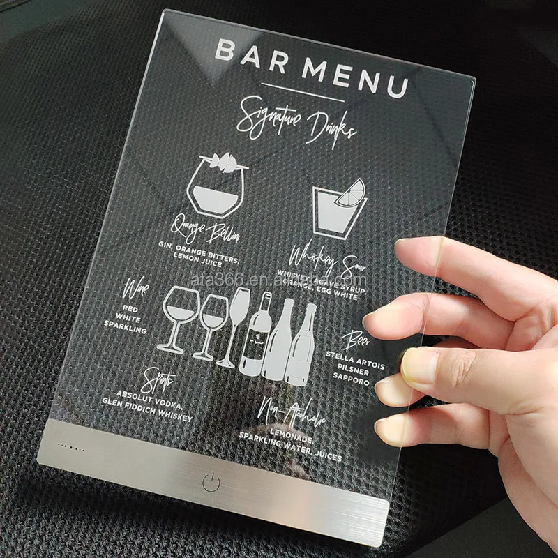 10 Custom LED Type C Recharged battery LED Music Acrylic Restaurant Menu LED Bar Menu with Gift box Neon Restaurant Menu Display
