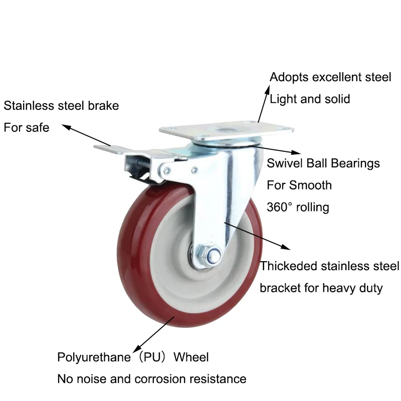 Heavy Duty Casters Industrial Caster Wheels 2.5/3/4/5Inch PU Wheels Swivel Steel Plate Caster Wheel