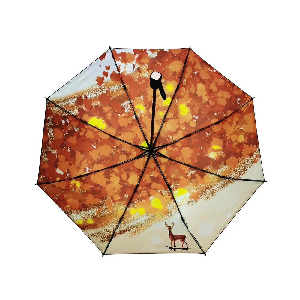 Autumn Cartoon Design Manual Open Folding Umbrella With Leaf Prints