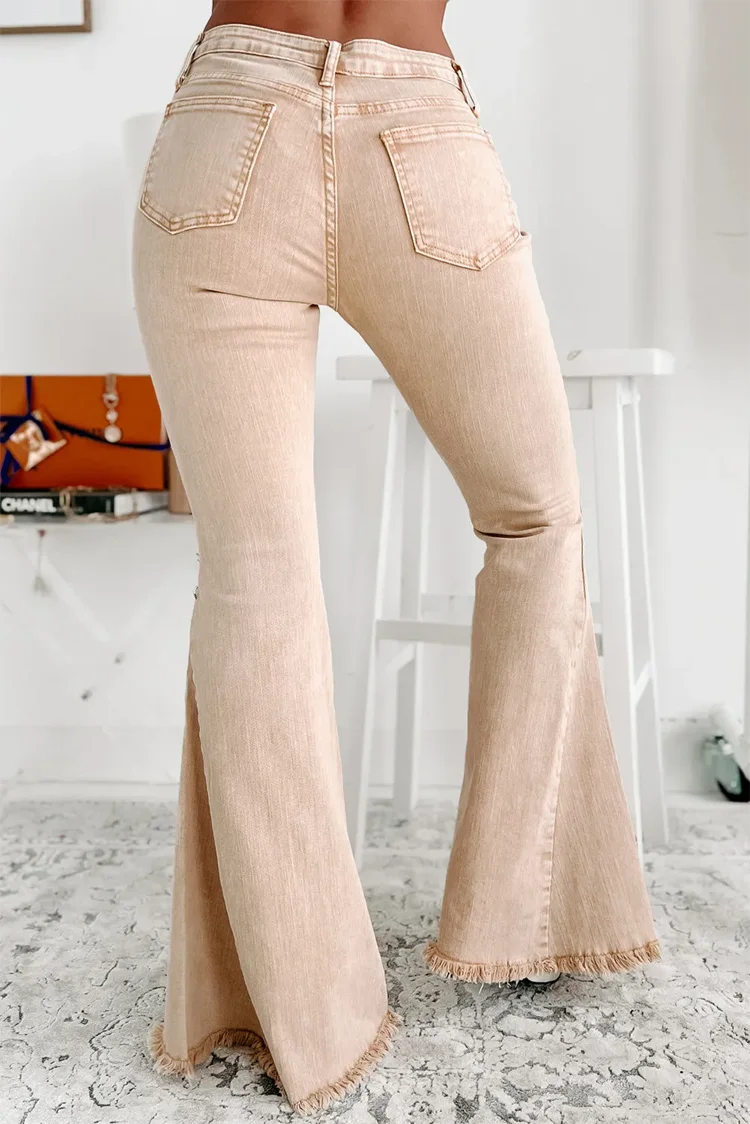 High Quality Womens Plus Size Khaki Raw Edge Mid Waist Flared Jeans