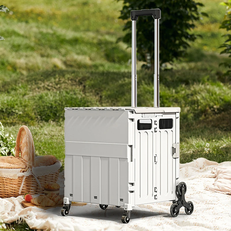 Wholesale Outdoor Foldable Rolling Crate Portable Supermarket Utility Folding Shopping Carts Collapsible Hand Trolley with Lid
