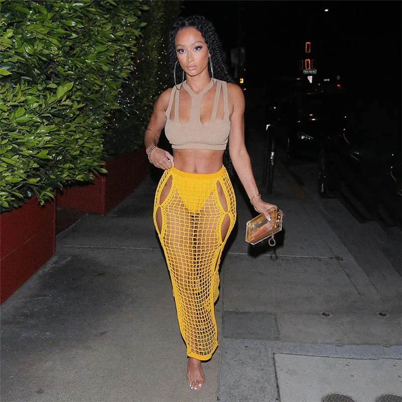 
AB41 2021 women clothing Yellow knitted hollow out night club mesh mini dress for woman 