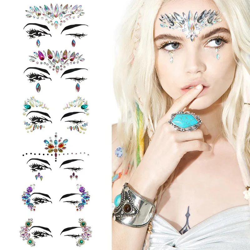 Halloween Glitter Rhinestone Crystal Diamond Face Tattoo Temporary Jewel Art Sticker Happy Game Double Face Gems Sticker