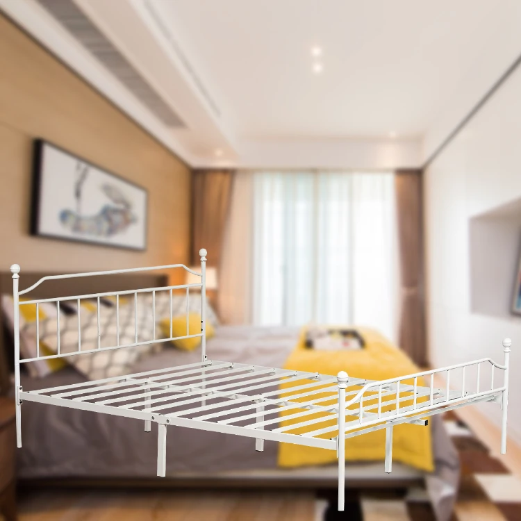 Simple apartment metal iron wrought bedroom hotel single bed double folding twin home furniture metal white bed frame