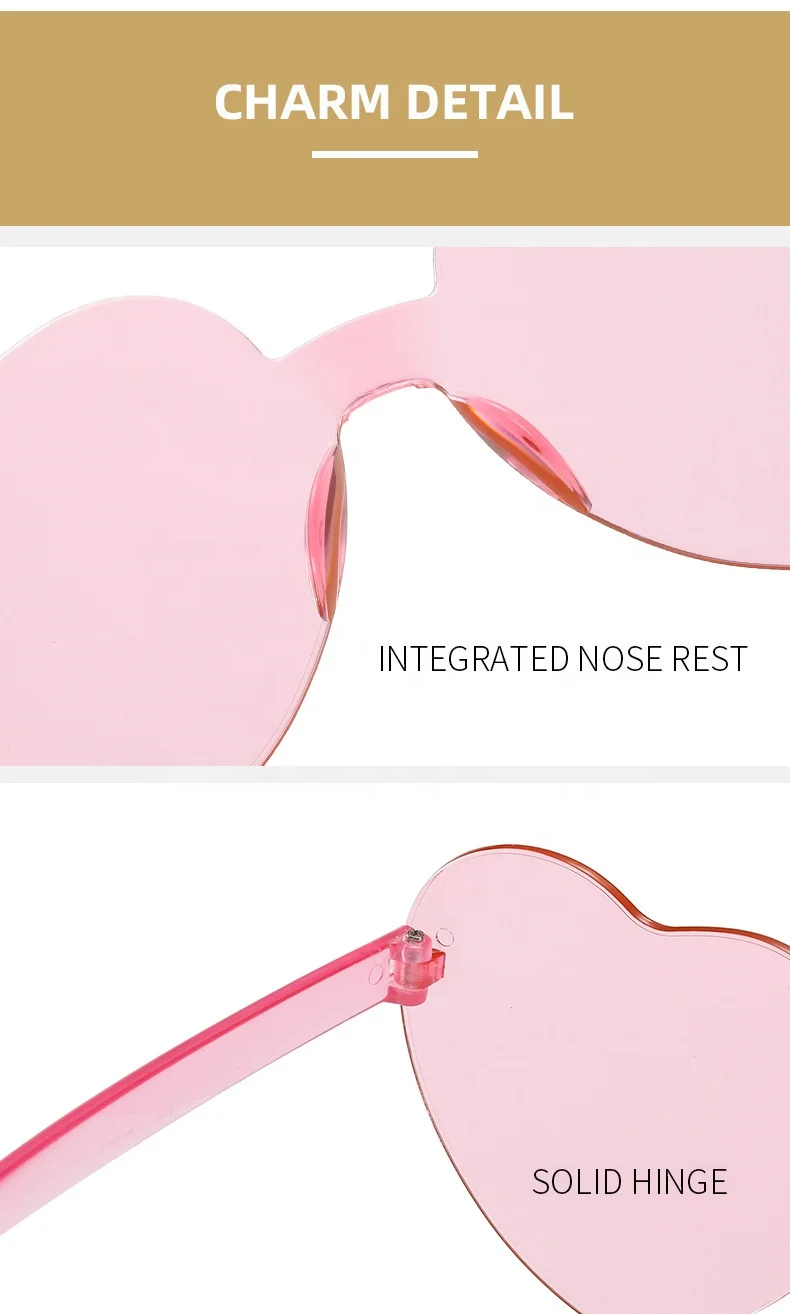 Cheap price Custom Logo Rainbow Frameless Lens Eyewear Candy Color PC Rimless Sunglasses pink love Heart Shaped glass Sunglasses
