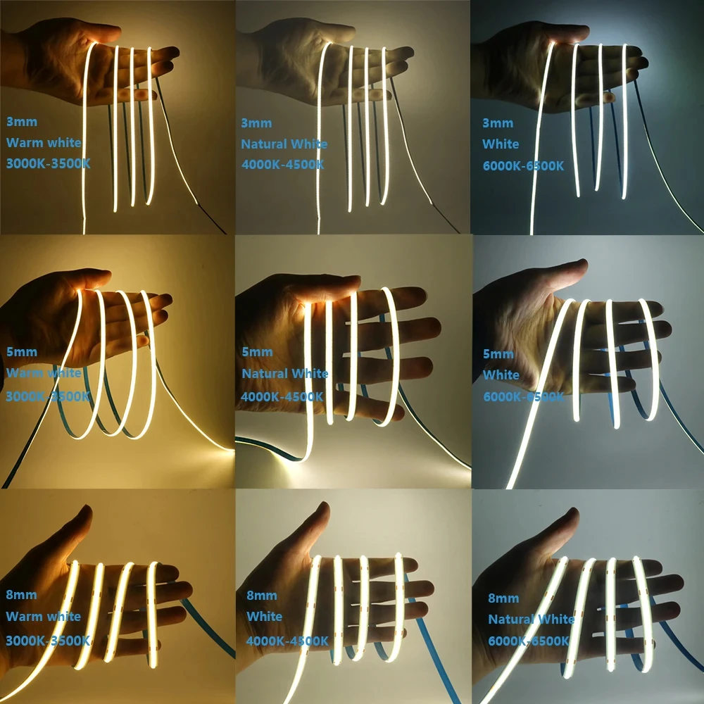 COB LED Flexible Strip Light 12V/24V 384LED/m High-Density Tape 3000K/4000K/6000K Slim 8mm PCB with DC Plug