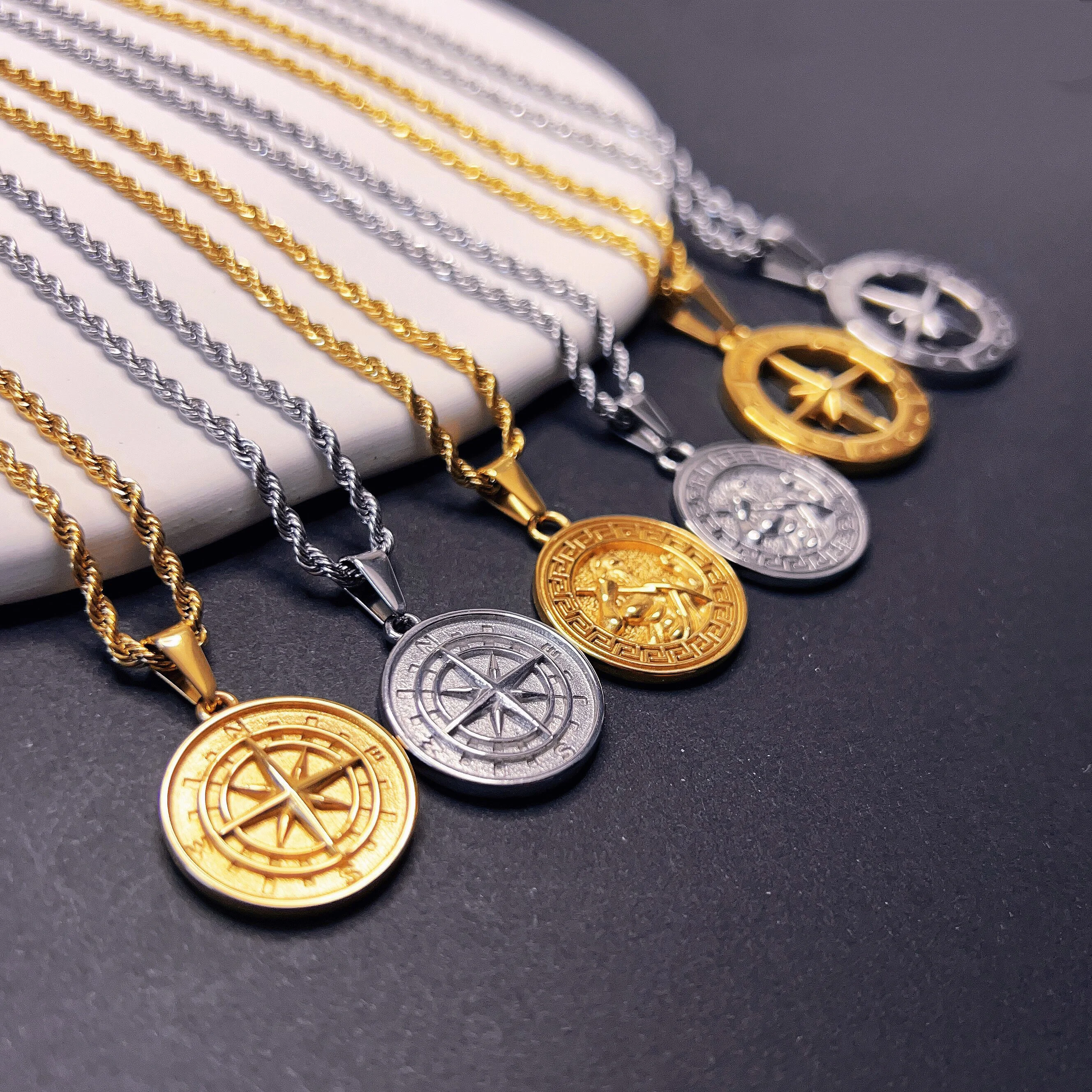 Custom Fashion Fine Jewelry Medallion Compass Stainless Steel Greek Coin 18K Gold Plated Gold Pendant Necklaces For Mens