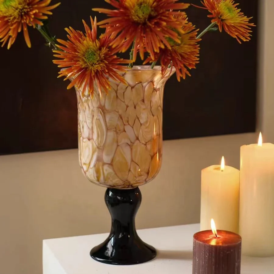 Bixuan Handblown Glass Vase Home Decor Table Centerpieces Candleholder Lantern Shape Maillard Brown Colorful Glass Flower Vase