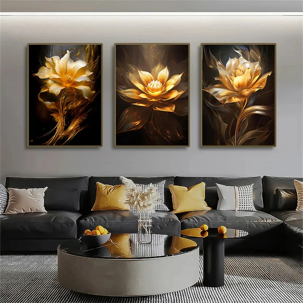Modern Abstract Canvas Painting Black and Golden Flower Wall Art Posters And Prints Nordic Wall Pictures Living Room Home Decor