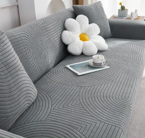 Modern Dark Gray Jacquard Geometric Pattern Sofa Cover Fancy Reversible Stretch Slipcover for Three-Seat Sofa